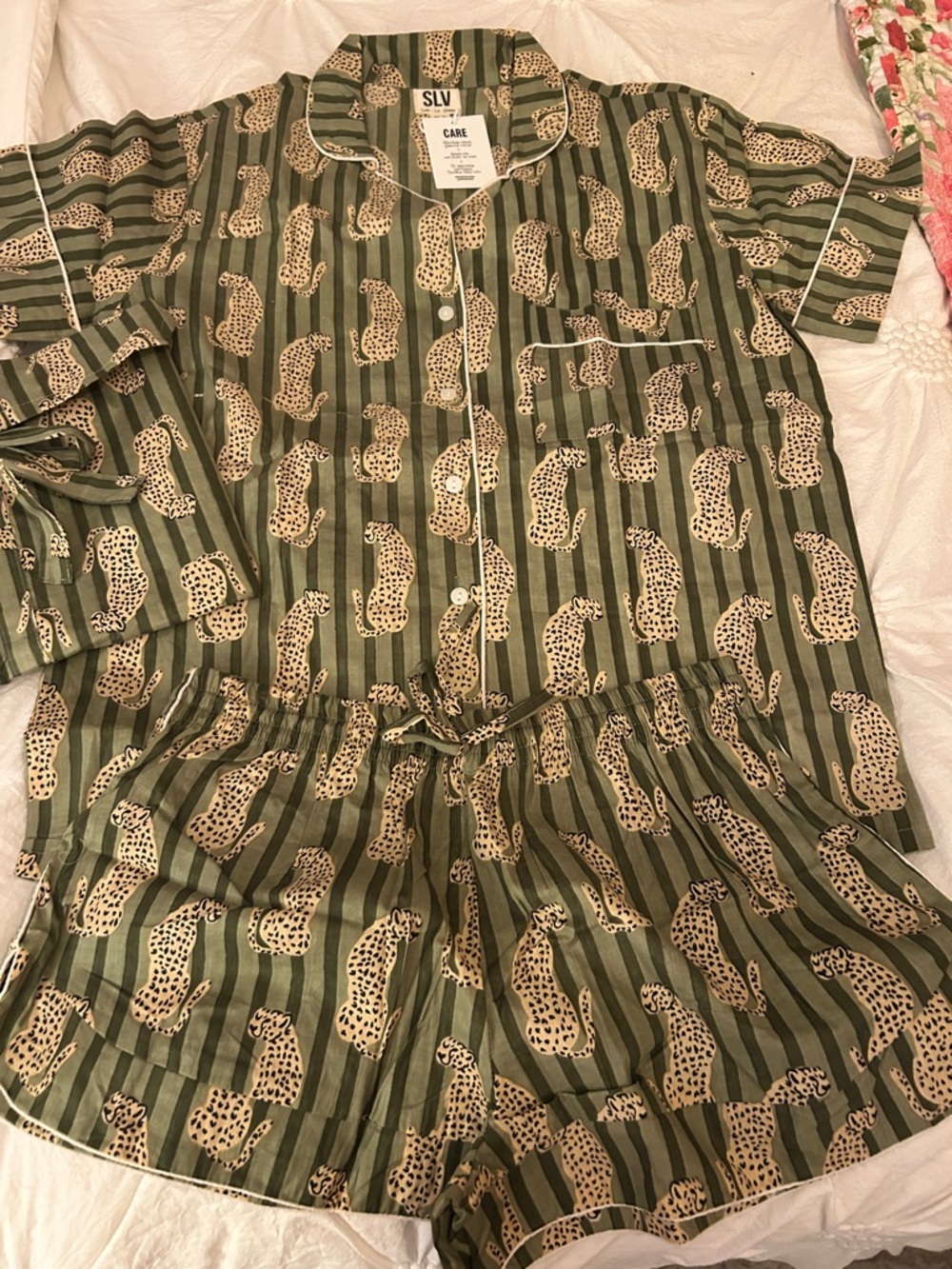 SLV Olive Green Leopard-Print Pajama Set with matching bag